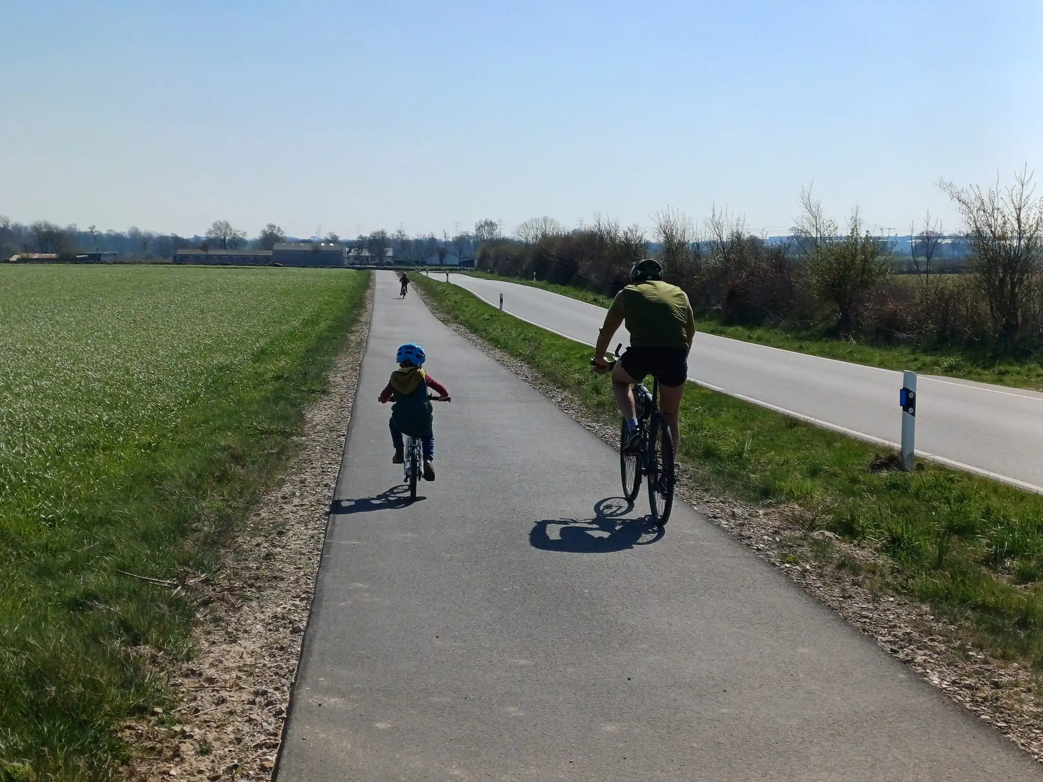 Familie auf Fahrradweg durch Felder – Erwachsener und Kind radeln gemeinsam an sonnigem Frühlingstag
