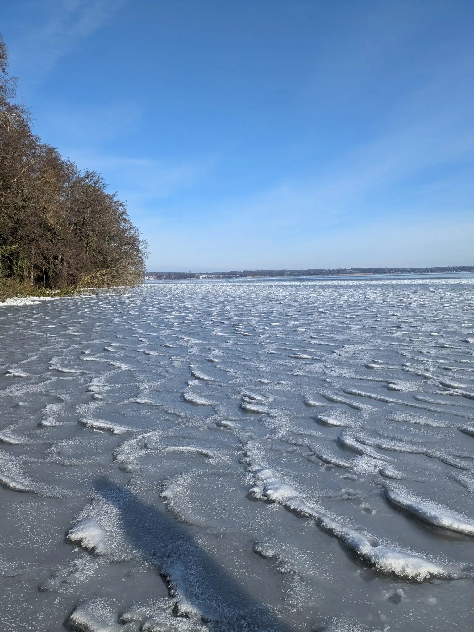 Zugefrorener Wittensee im Winter unter blauem Himmel, Eisoberfläche mit welligen Strukturen und Schneeresten