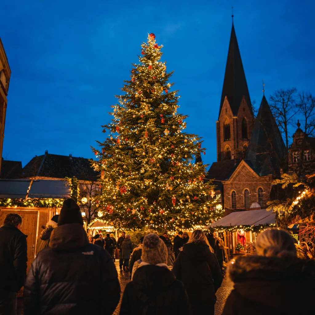 Großer geschmückter Weihnachtsbaum am Marktplatz zur blauen Stunde