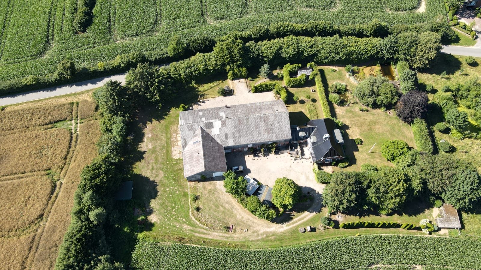 Luftaufnahme von Hof Gayenberg: großes Reetdachgebäude, Nebengebäude und Garten, umgeben von Feldern und Bäumen