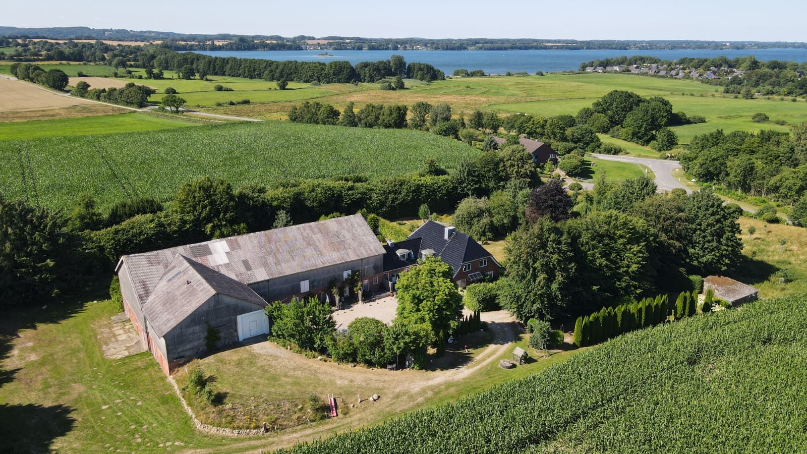 Luftaufnahme von Hof Gayenberg mit Scheune, Wohnhaus und Maisfeldern, im Hintergrund der Wittensee
