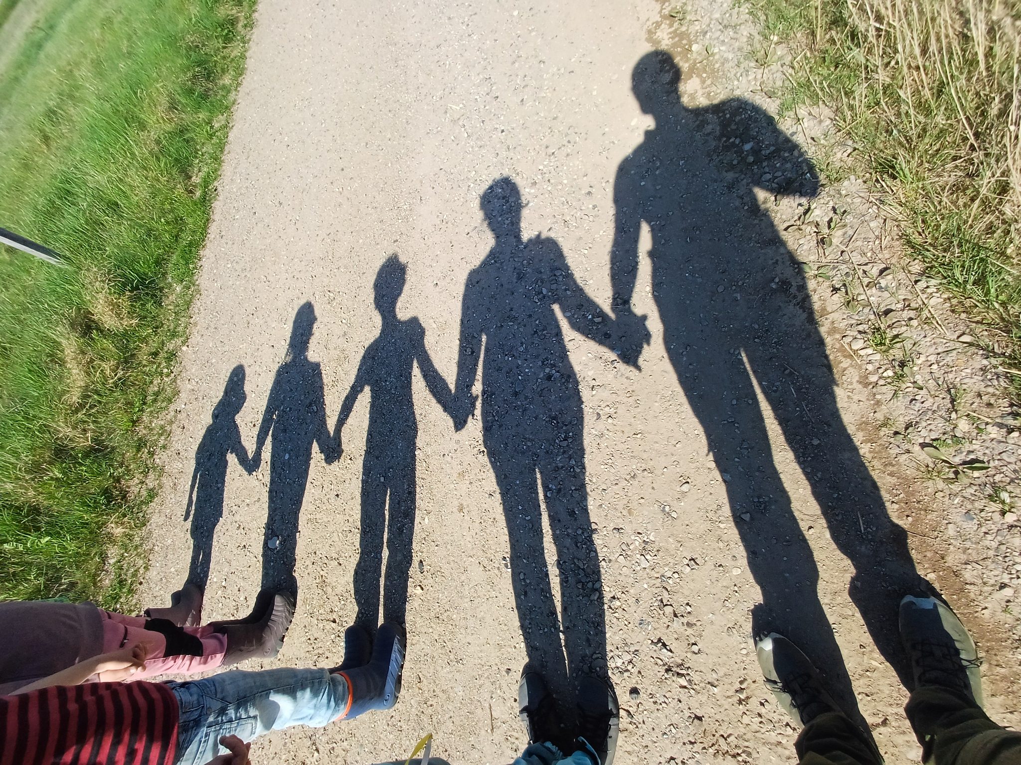 Schatten einer vierköpfigen Familie, die sich an den Händen hält, auf einem Schotterweg zwischen Wiesen