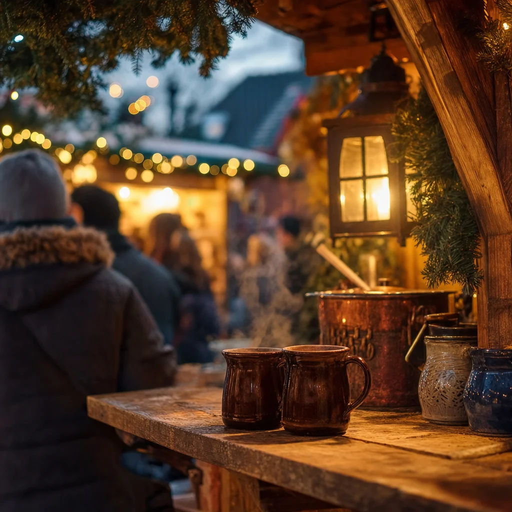 Dampfender Glühwein an einem Weihnachtsmarktstand