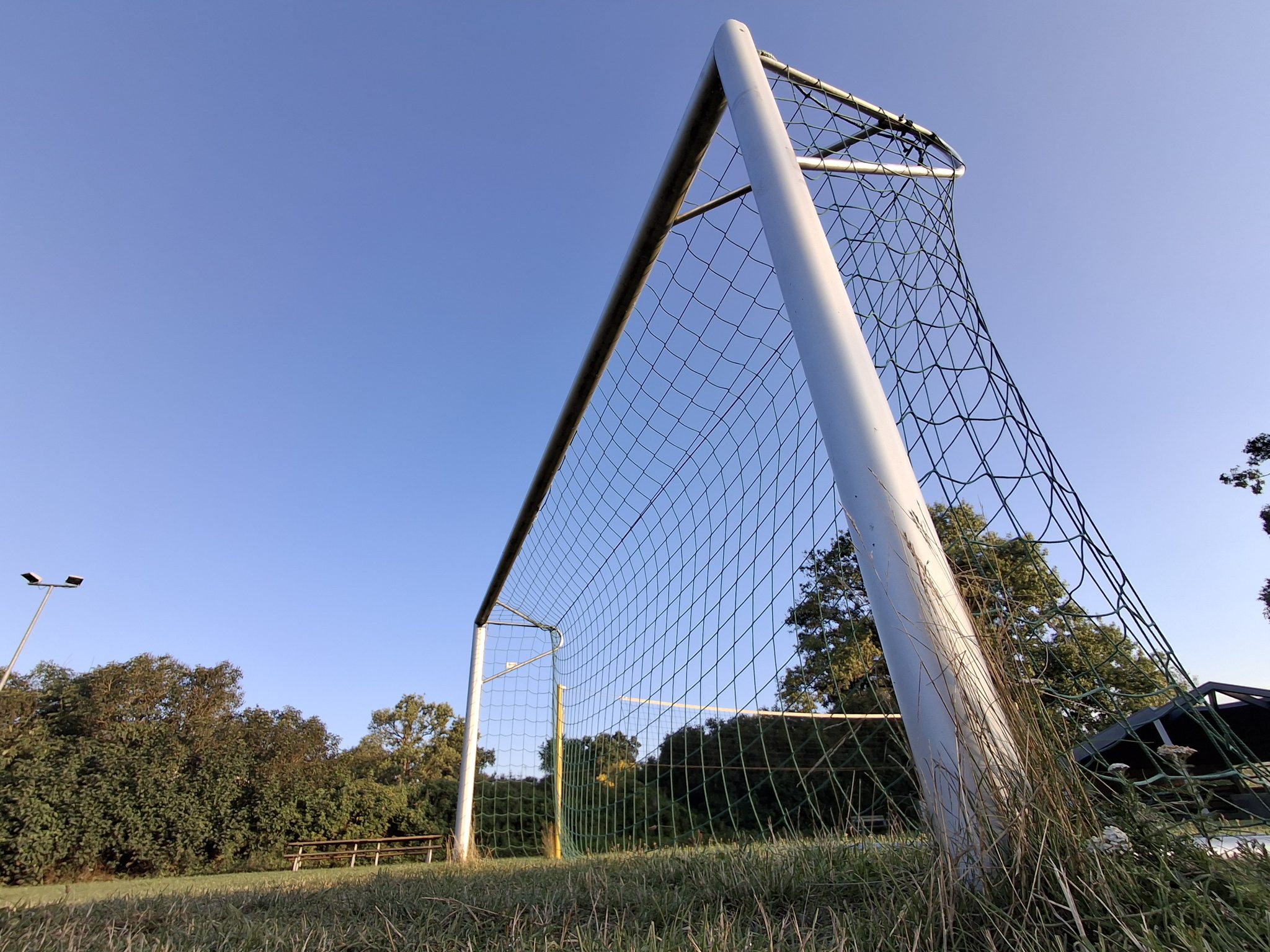 Fußballtor mit Netz aus der Froschperspektive, im Hintergrund Bäume und blauer Himmel