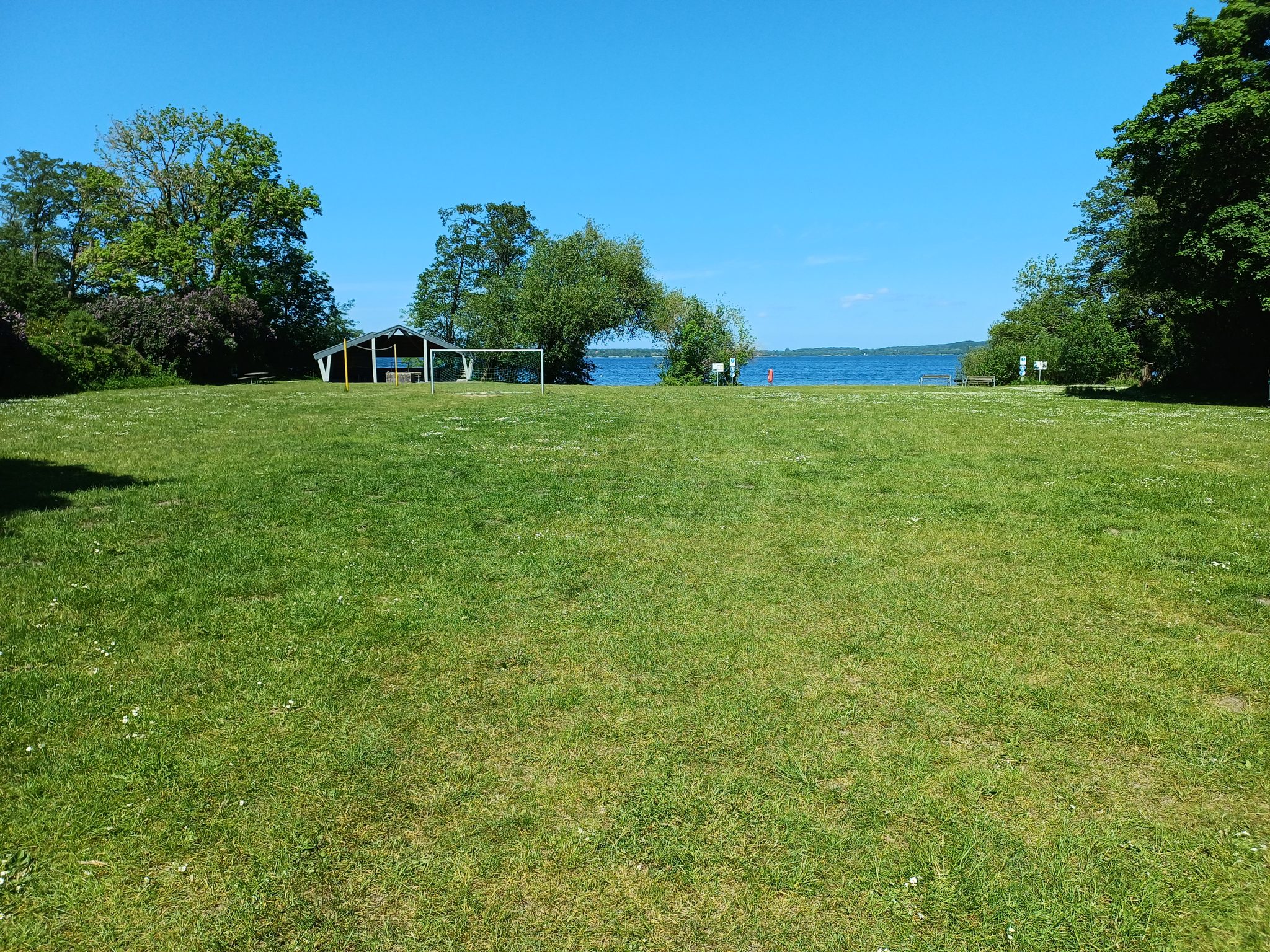 Weitläufige Grünfläche mit Fußballtor und Unterstand, dahinter Bäume und der Wittensee unter blauem Himmel