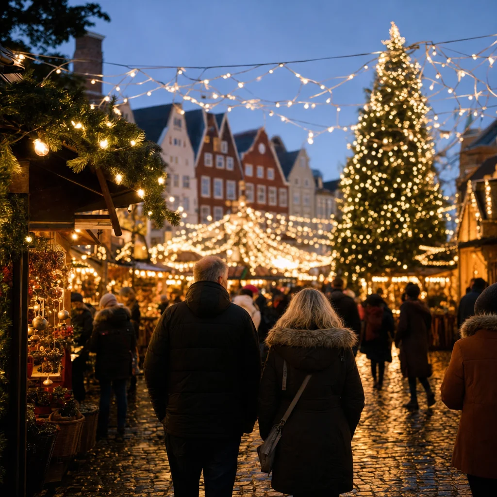 Weihnachtsmarkt in einer historischen Altstadt mit Lichterketten