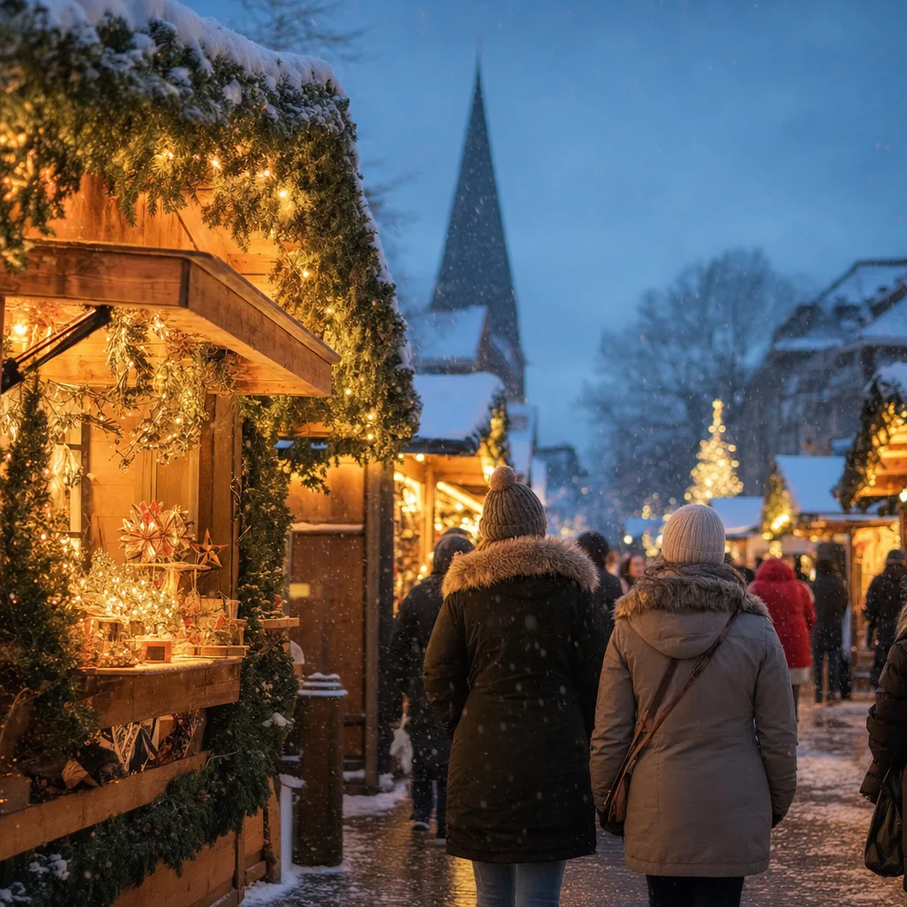 Verschneite Weihnachtsmarktgasse mit Holzbuden