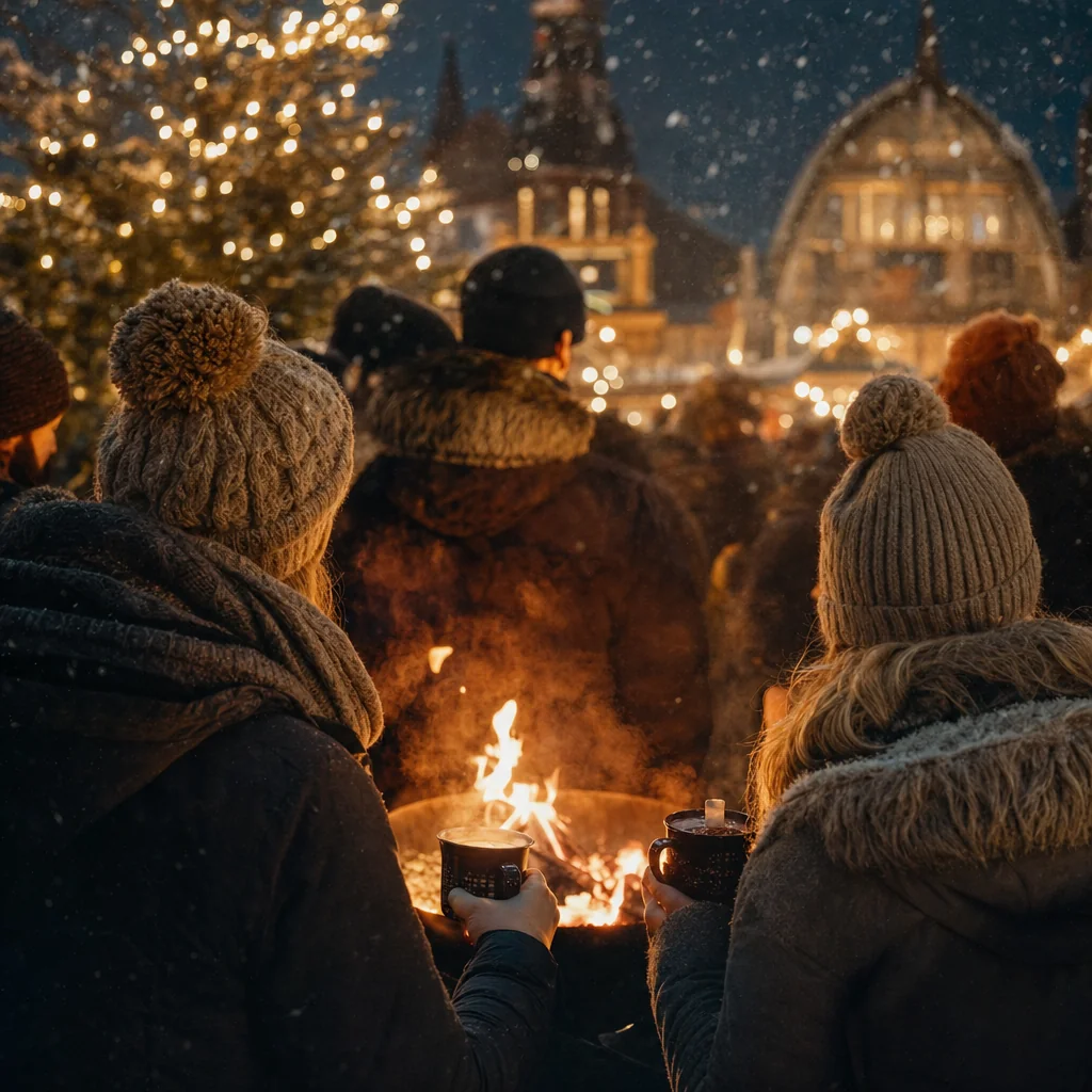 Menschen am Feuerkorb auf dem Weihnachtsmarkt