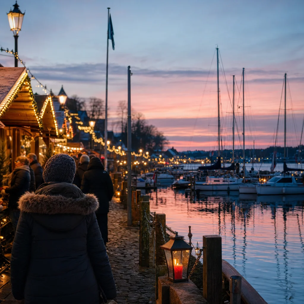 Festlich beleuchtete Hafenpromenade mit Segelbooten