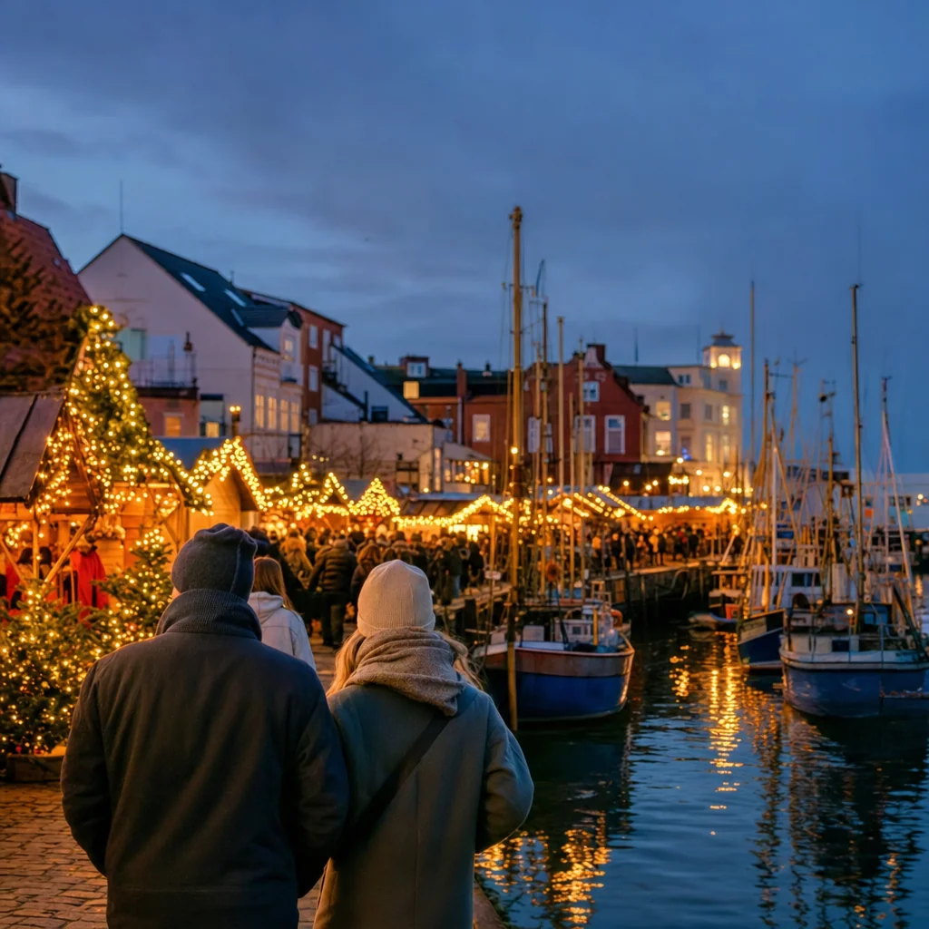 Maritimer Weihnachtsmarkt am Hafen in der blauen Stunde