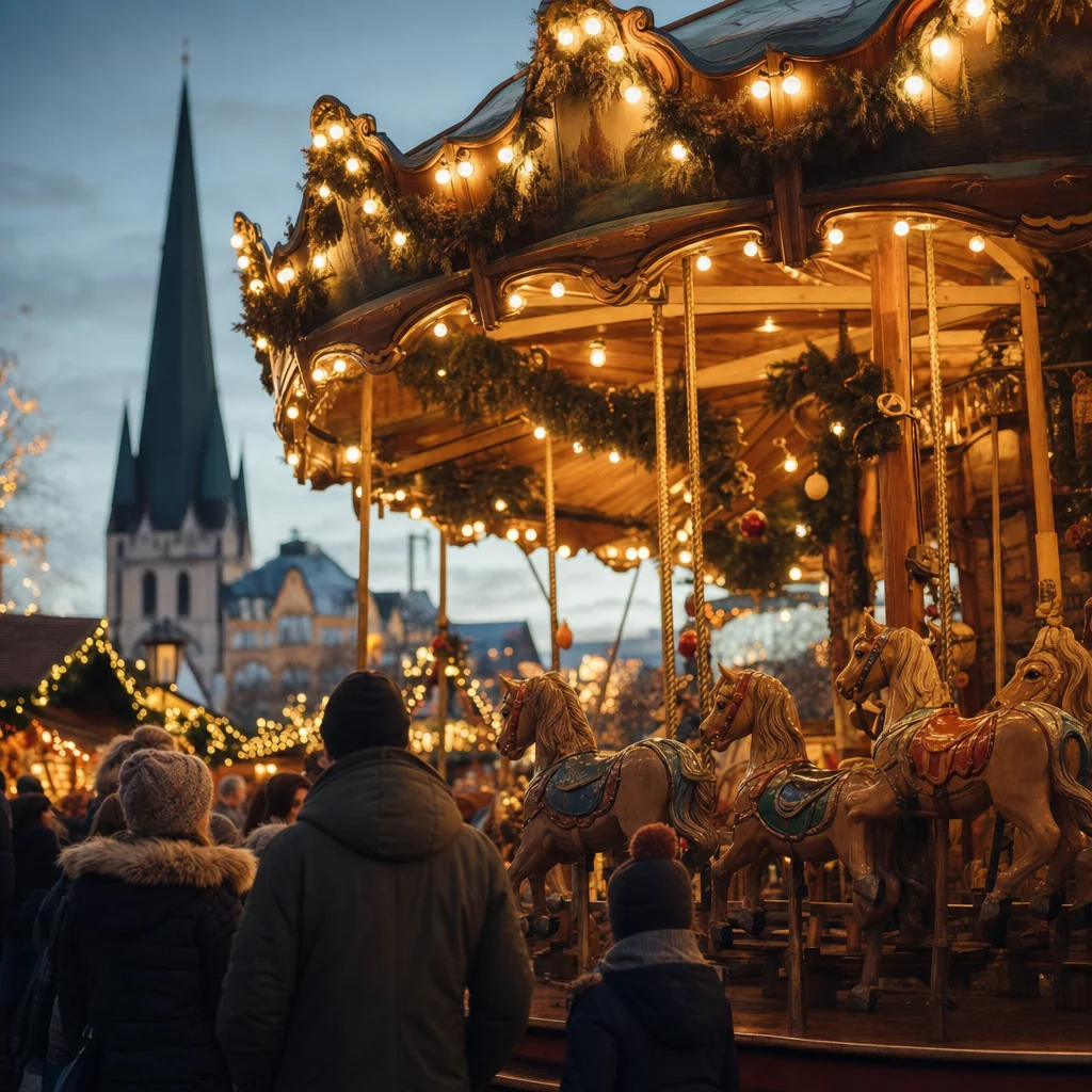 Nostalgisches Karussell auf dem Weihnachtsmarkt im Abendlicht