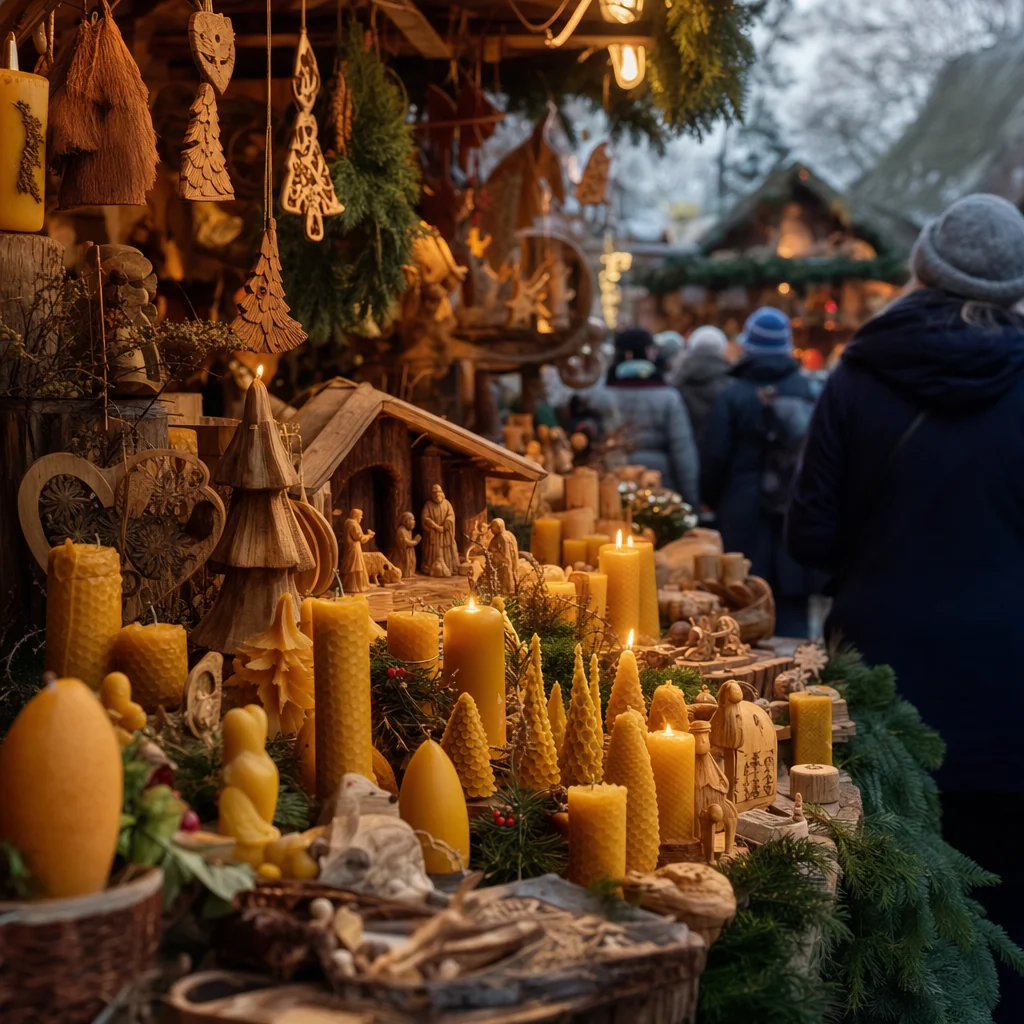 Kunsthandwerksstand mit Kerzen und Weihnachtsschmuck