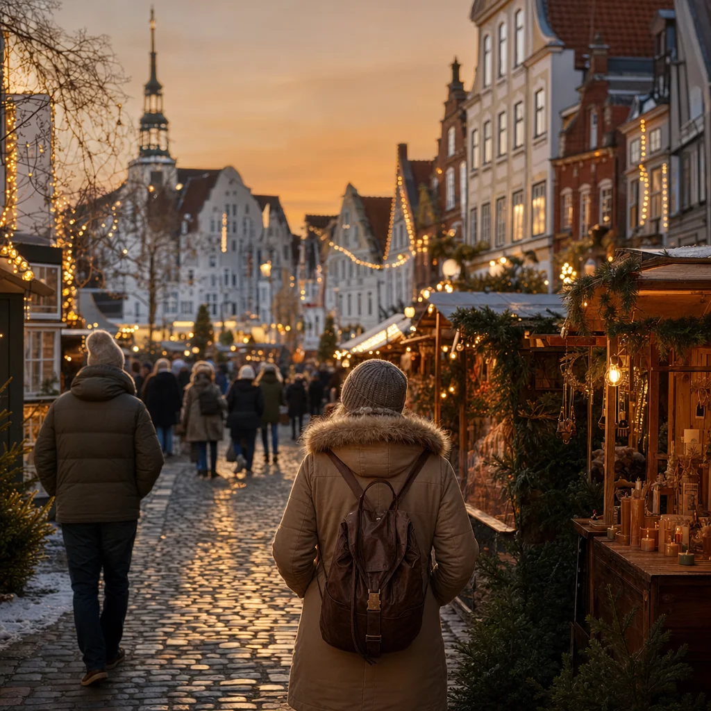 Weihnachtsmarkt in einer Kopfsteinpflastergasse im Abendrot