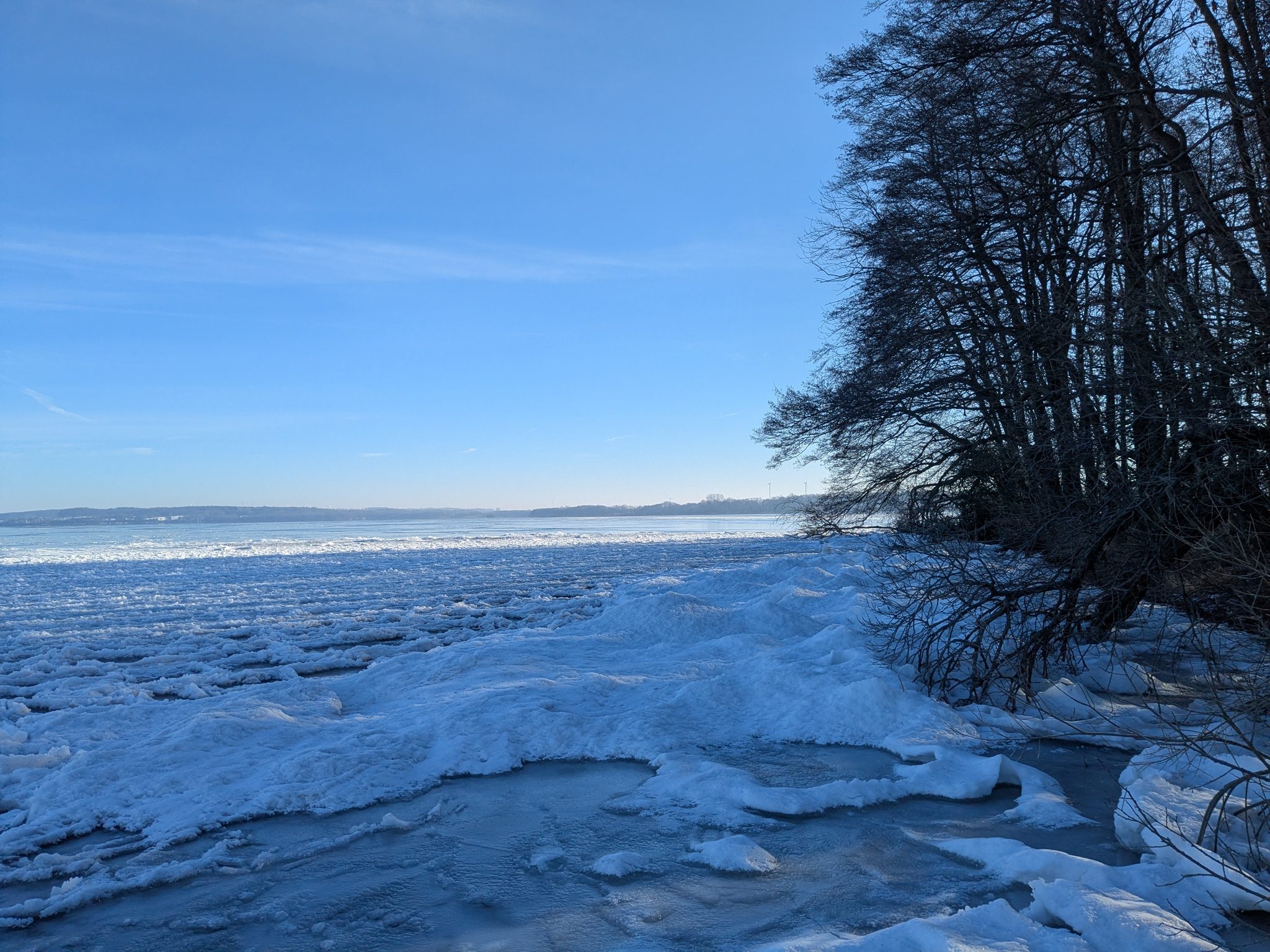 Zugefrorener Wittensee im Winter, Eisschollen am Ufer, kahle Bäume, blauer Himmel