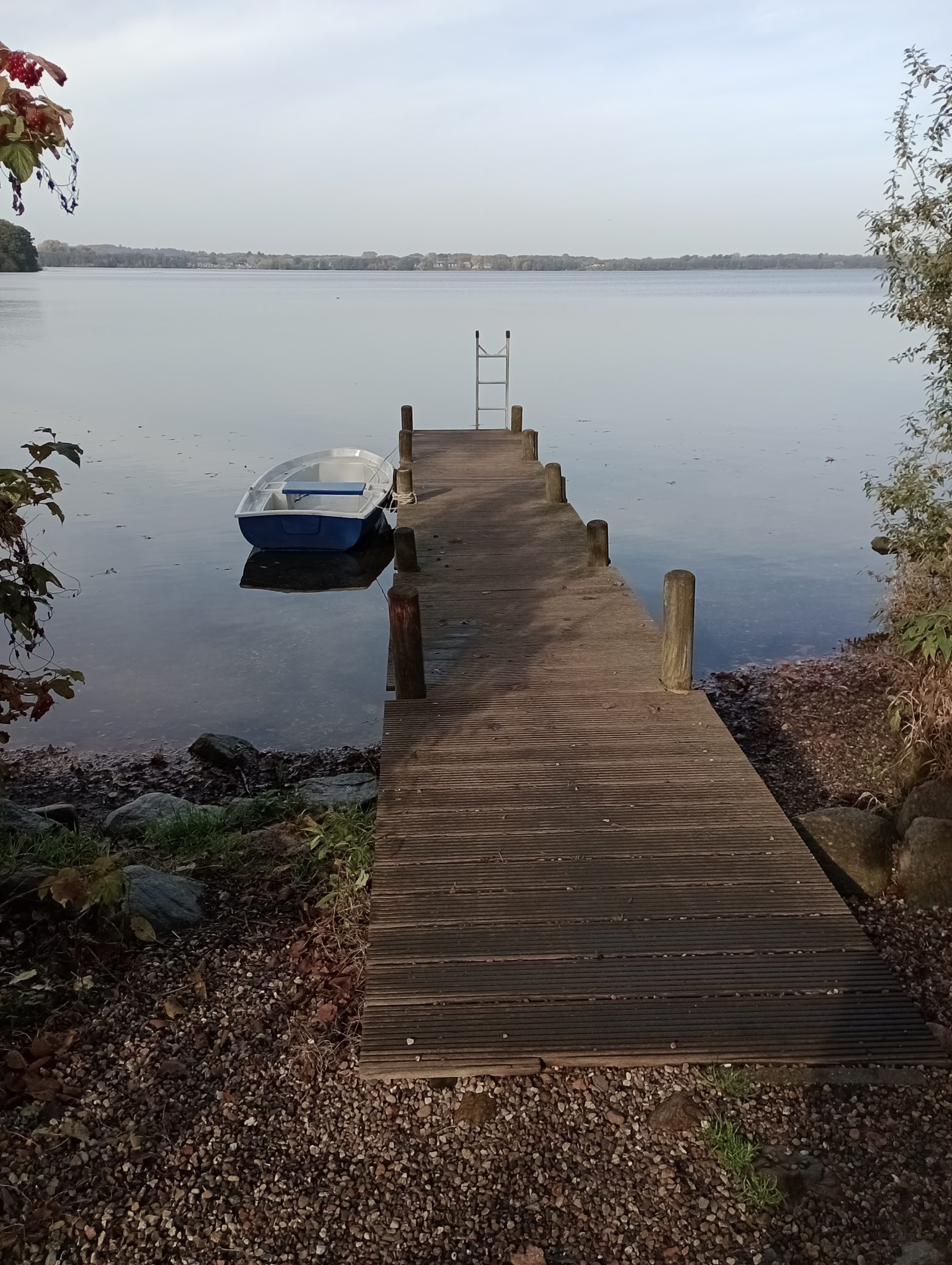 Holzsteg am Wittensee mit festgemachtem blau-weißem Boot und Einstiegsleiter, ruhiges Wasser